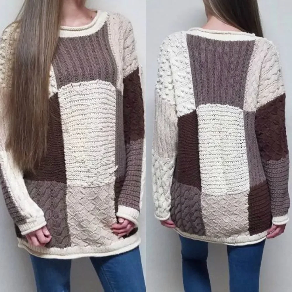 VINTAGE 1980s Casual Elements Patchwork Chunky Knit Oversized Colorblock Sweater